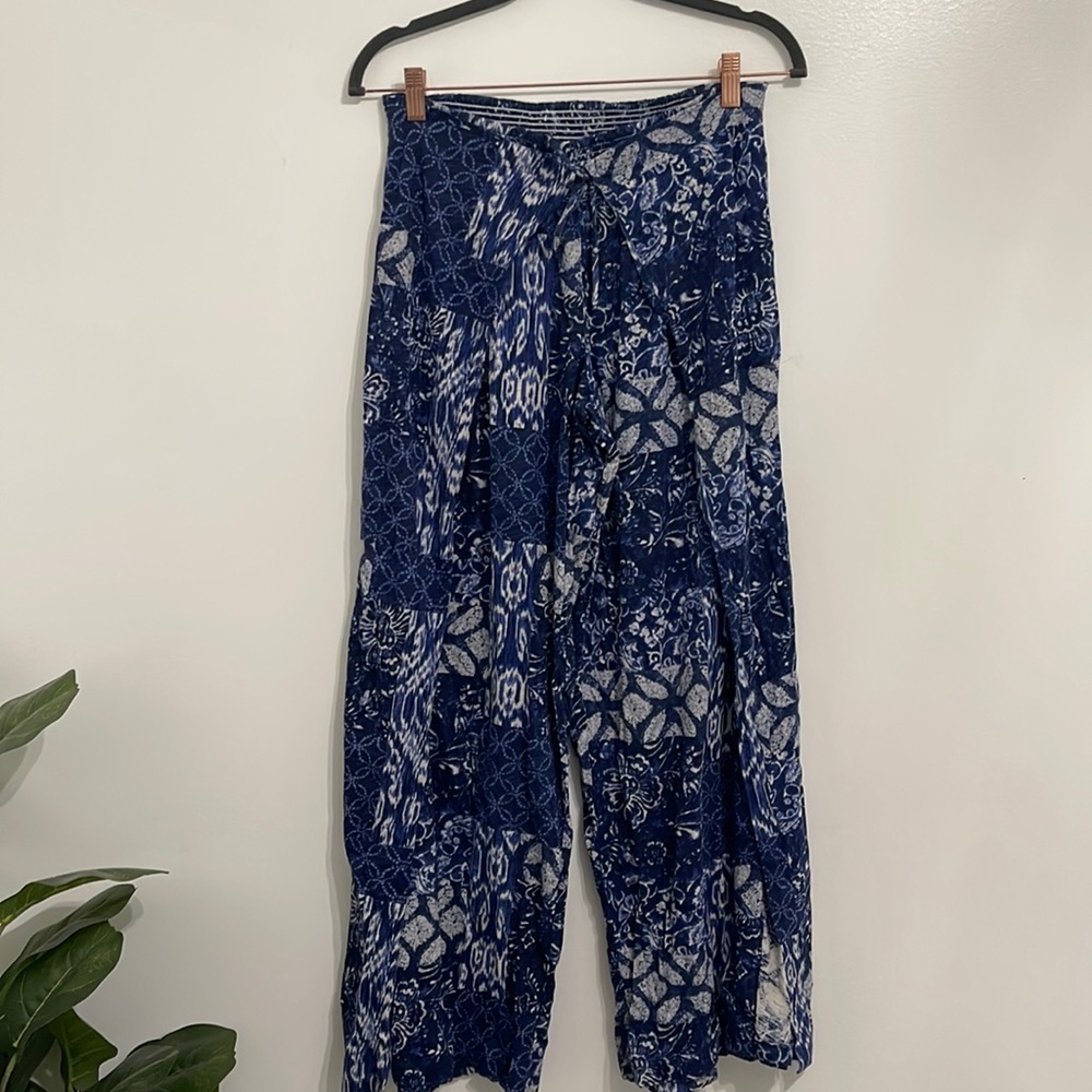 Lauren Ralph Lauren Blue & White Faux Wrap Side Fly Away Pants Size L